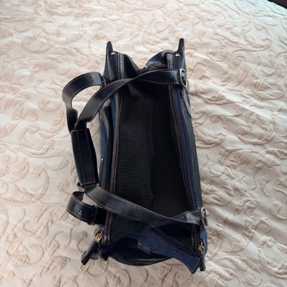 A Pet with Paws Denim Pet Carrier Bag Blue Black Small Dog Cat Tote Travel Case